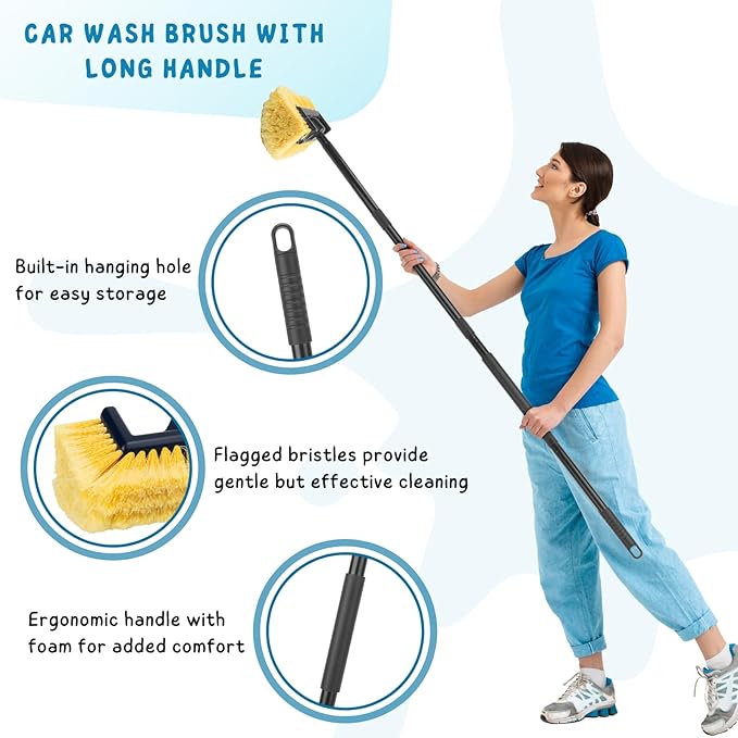 KeFanta Car Wash Brush with Long Handle, 58.5'' Soft Bristle Cleaning Tool for Truck Exterior, RV, Boat, Solar Panel, Deck Washing, 2 Wax Applicator Pads Included