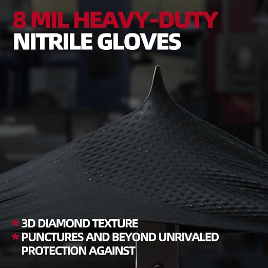 Jointown Basic Heavy Duty Nitrile Gloves, Mechanic Gloves 8 Mil Nitrile Disposable, with Raised Diamond Texture, Case of 500, Black, Large