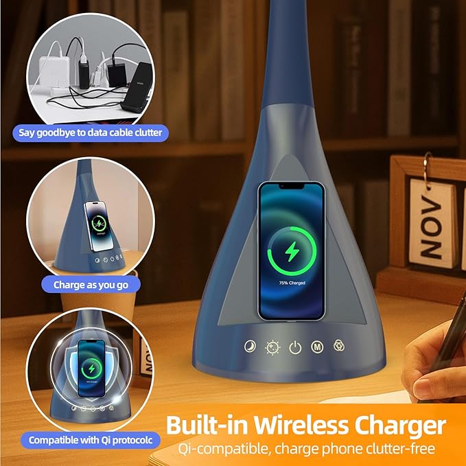 LED Desk Lamp with USB Charging Port, Dimmable Reading Light Touch Control and Eye Protection, Adjustable Brightness Table Lamp for Home Office Bedroom (Blue)