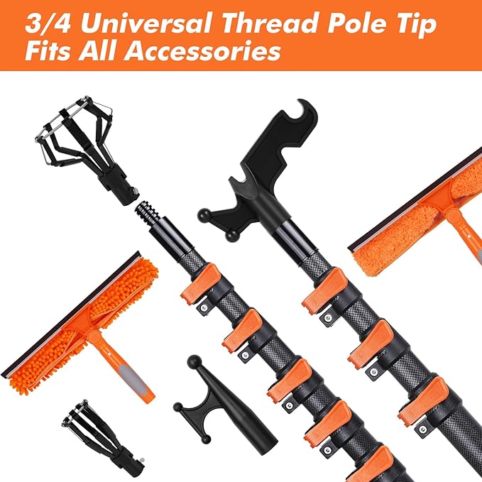 Msnaile Window Washing Kit with Extension Pole 4.7 to 24FT, Long Squeegee for Window Cleaning Indoor Outdoor, Carbon Fiber Telescopic Pole for Window Cleaner Tool with Microfibre Pad & Chenille Cloth