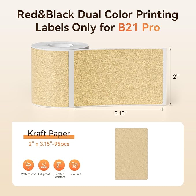 NIIMBOT Red&Black Labels, Refill Sticker Papers Only for B21 Pro 300DPI Label Maker, Dual Color Printing Stickers Good Idea for Schools,Business,Price Tags,Baking(2''x3.15''/50x80mm-Kraft Paper)