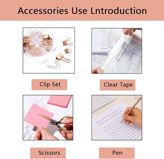 Office Supplies,Desk Accessories,with Stapler,Tape Dispenser,Staple Remover,Scissor,Ballpoint Pen,Clear Tape,Staples,Binder,Best Gift Set(Rose Gold)