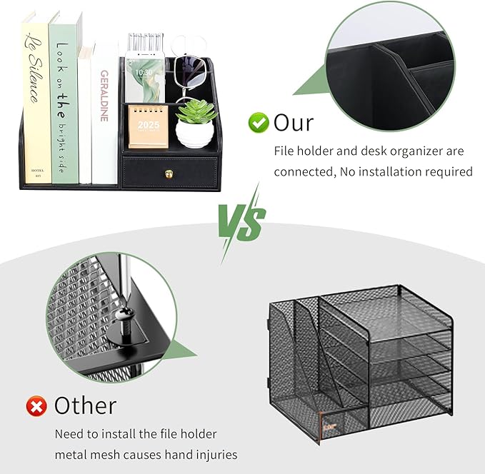 GORESE PU Leather Desk Organizer, File Organizer with Drawer and 4 Compartments, Desktop Organization with Magazine file Holder for Office Supplies, Elegant Gift for Men Who Have Everything, Black