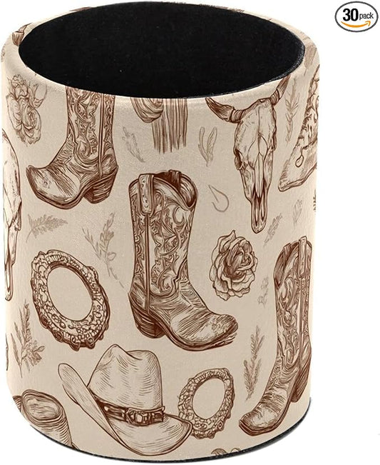 Western Cowboy Boots and Hats PVC Leather Circular Pencil Holder for Desk Organizer Stationery Holder for Office, School(3.9 x 3.1 Inches)