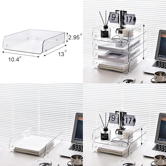 Gagee 4 Pack Clear Stackable Paper Organizer, Office Desk Organizer for Notes, Pens, File, Document, A4 Paper Holder