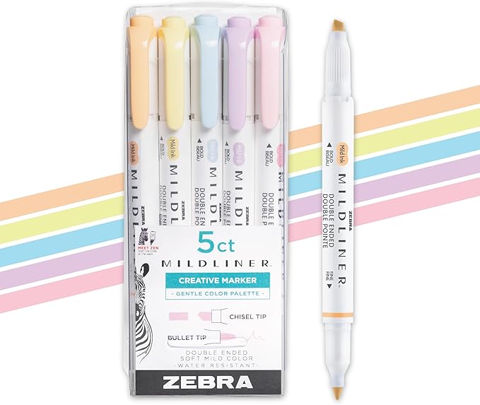 Zebra Pen Mildliner Dual-Tip Highlighter Set, Chisel and Bullet Tips, Ideal for Bible Highlighting, No Bleed, School Supplies and Teacher Supplies, Assorted Gentle Ink Colors, 5-Pack (78705)