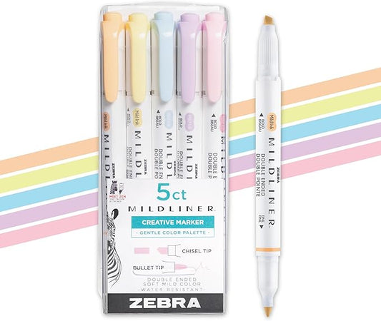 Zebra Pen Mildliner Dual-Tip Highlighter Set, Chisel and Bullet Tips, Ideal for Bible Highlighting, No Bleed, School Supplies and Teacher Supplies, Assorted Gentle Ink Colors, 5-Pack (78705)