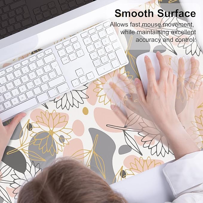QiyI Large Mouse Pad, Extended Desk Mat for Desktop, PU Leather Waterproof Gaming Mousepad, Computer Desk Accessories Protector Writing Pads for School Office Home 31.5" x 15.7" - Line Art Flowers