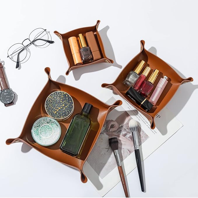 3 packs PU Leather Tray in 3 Sizes Jewelry Tray Glossy Leather Desk Organizer Leather Catchall Tray for Jewelry/Key/Coin/Sun Glasses/Watch/USB Cables etc. (brown)
