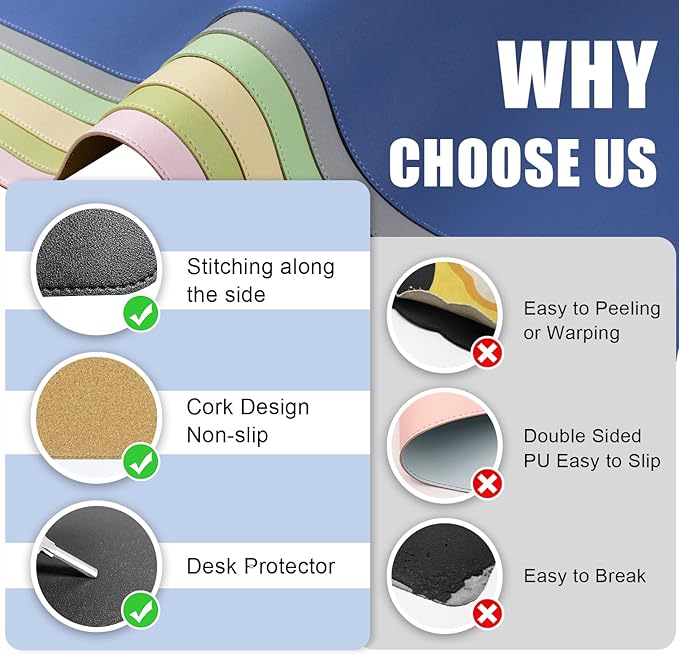 Dual-Sided Desk Pad, Natural Cork & PU Leather Mouse Pad for Desk, Desk Pad Protector, Non-Slip Desk Mat for Office and Home Work, (Black, 23.6" x 13.7")