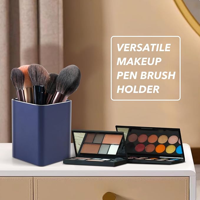 RQB Metal Pen Holder for Desk Square Aluminum Desktop Organizer and Makeup Brush Holder Storage Box for Office, School, Home, and Kids, Non-slip silicone 4×3.15inch (Blue)