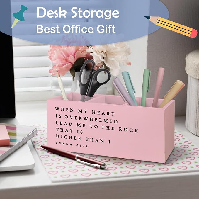 SNNDER Inspirational Christian Pen Holder for Desk, Christian Religious Gifts for Women Men, Psalm 61:2 Bible Verses Wooden Pen Pencil Holder Organizer for Home Office Desk Accessories(PINK)