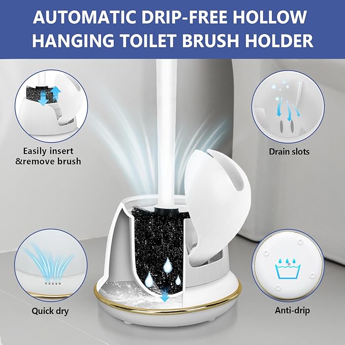 Gold and White Toilet Brush Set with Ergonomic Solid Long Handle, Auto-Opening Base, and Ventilated Base - Great for Bathroom and Toilet Cleaning, White and Gold Bathroom Accessories
