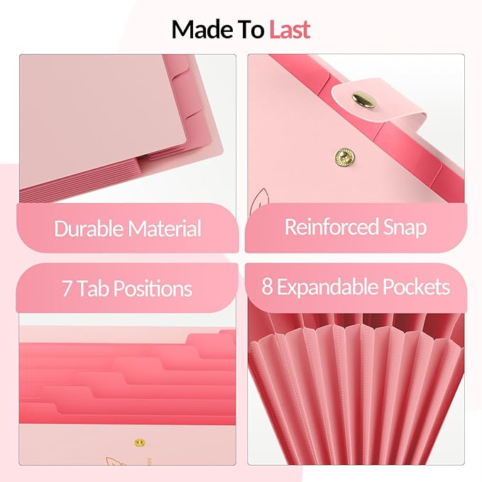 Sooez Aesthetic 8 Pocket Accordion File Organizer, Pastels Expanding File Folder for Important Document with Labels, Portable Receipt Bill Paper Organizer for Office School Supplies, Letter Size Pink