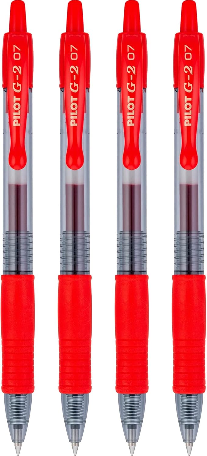 Pilot G2 Premium Gel Roller Pens, Fine Point 0.7 mm, Red Pens, Pack of 4 - Ideal for School, Journaling & Office Writing