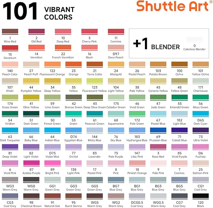 Shuttle Art 101 Colors Alcohol Markers, 100 Colors Dual Tip Art Marker Set Plus 1 Colorless Blender with Marker Case Perfect for Illustration Students Adult Coloring Sketching