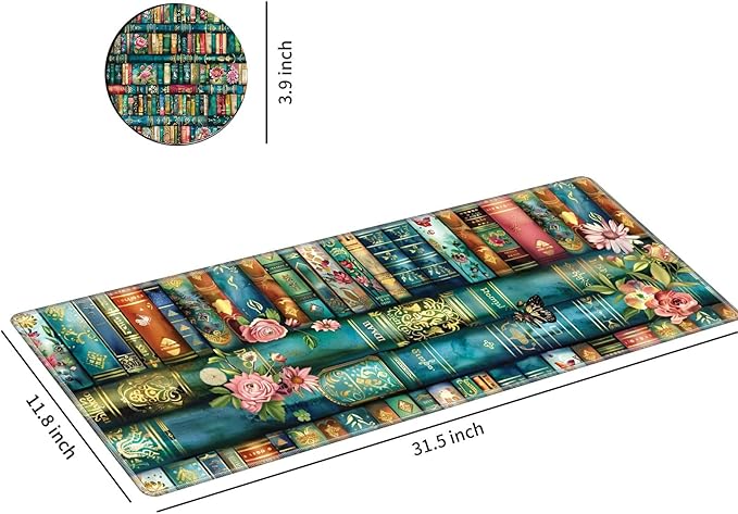 Desk Mat XL Mouse Pad + Coaster, Large Gaming Mouse Pad (31.5x11.8 inch) with Stitched Edges, Extended Mouse Mat Keybroad Mousepad Non-Slip Rubber for Gamer Men Women, Magic Books Flowers