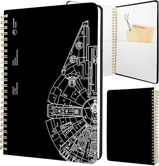 Cute Spiral Notebook journal A5 Aesthetic Pretty Floral Design for Women Girls Kawaii with Pocket, 8.5 x 5.7 inch, Black Gear