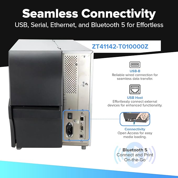 Zebra ZT411 203 DPI | Thermal Transfer & Direct Thermal | ZT41142-T010000Z Industrial Printer | Width 4 Inches Features Serial, USB, Ethernet & Bluetooth Connectivity