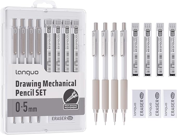0.5mm Mechanical Pencil Set with Case, 4PCS Drafting Mechanical Pencils Kit – 4 Tubes 2B Lead Refills, 3 Erasers, Ideal Pencil Set for Writing & Drawing