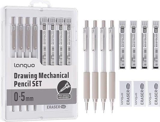 0.5mm Mechanical Pencil Set with Case, 4PCS Drafting Mechanical Pencils Kit – 4 Tubes 2B Lead Refills, 3 Erasers, Ideal Pencil Set for Writing & Drawing