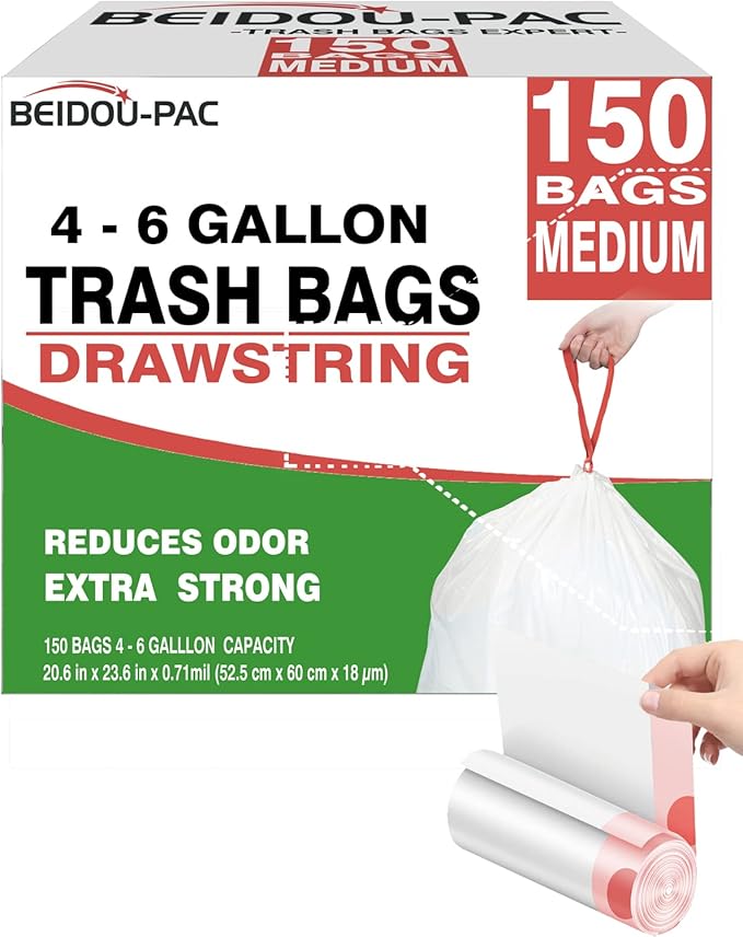 Trash Bags 4-6 Gallon Drawstring, 150 Count, Multifold Roll Garbage Bags, Medium Kitchen Trash Bags, Odorless & Heavy Duty White Plastic Food Scrap Bags for Bathroom Bedroom Office Waste