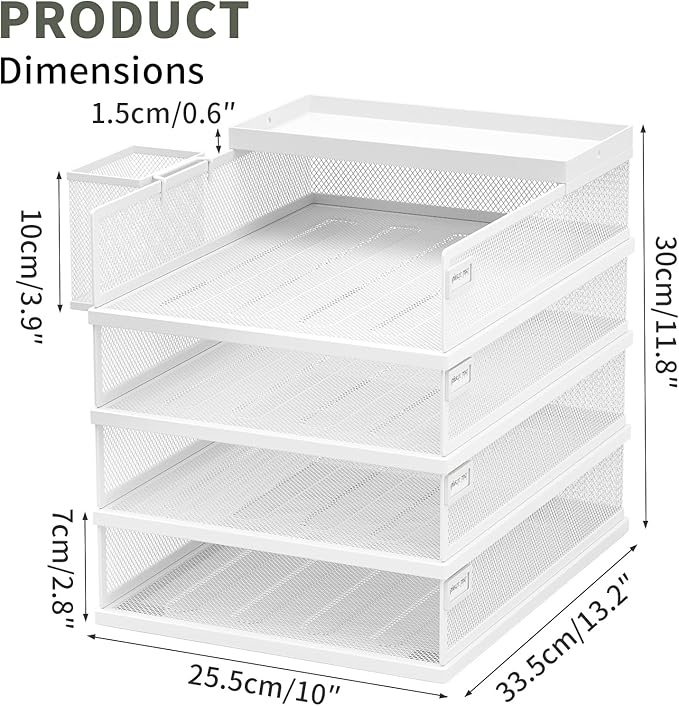 Stackable Letter Trays, 4 Tier Metal Paper Tray & Desk Organizer, Stackable File Trays for Office & Home, Multi-Functional Document Tray with Fine Grid Design & Magnetic Labels,White