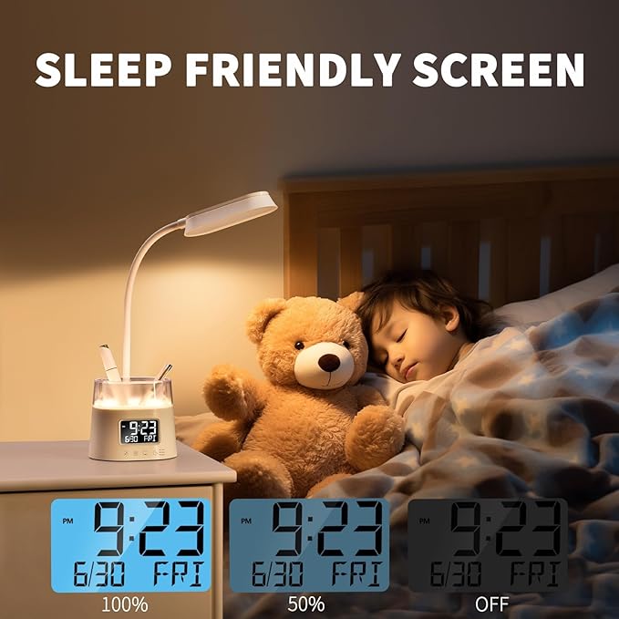 Led Desk Lamp with Pen Holder, Touch Lamps for Nightstand with 3 Color Modes, Eye-Caring Bedside Reading Light with Clock, Office Lamps Stepless Dimming, Lamp for Dorm Room, Suitable for Kid/Girl/Boy