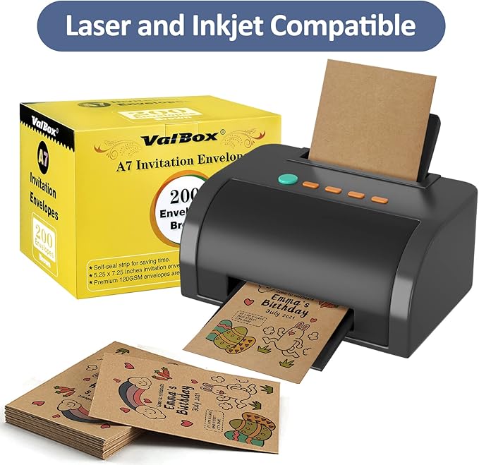 ValBox 200 Qty A7 Invitation Envelopes 5 x 7, 120GSM Brown Kraft Paper Envelopes for 5x7 Cards, Self Seal, Weddings, Invitations, Baby Shower, Stationery, Office, 5.25 x 7.25 Inches