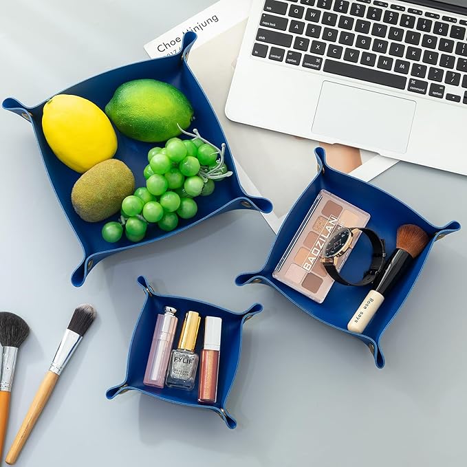 3 Packs Tskijun PU Leather Tray in 3 Sizes Jewelry Tray Glossy Leather Desk Organizer Leather Catchall Tray for Jewelry/Key/Coin/Sun Glasses/Watch/USB Cables etc. (Klein Blue)