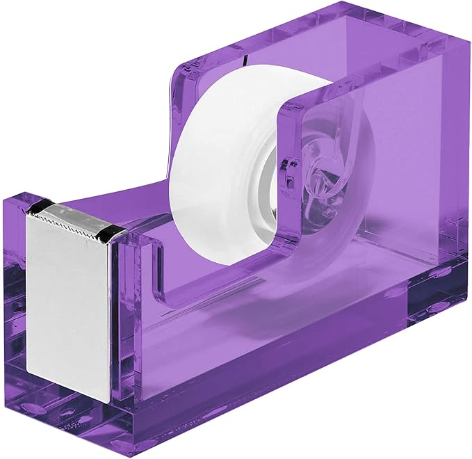 OfficeGoods Acrylic Tape Dispenser – Modern Desk Organizer for Office Supplies – Heavy Duty Refillable Tape Holder for Home and School Crafting – Stylish Desktop Accessory for Gift Wrapping, Purple