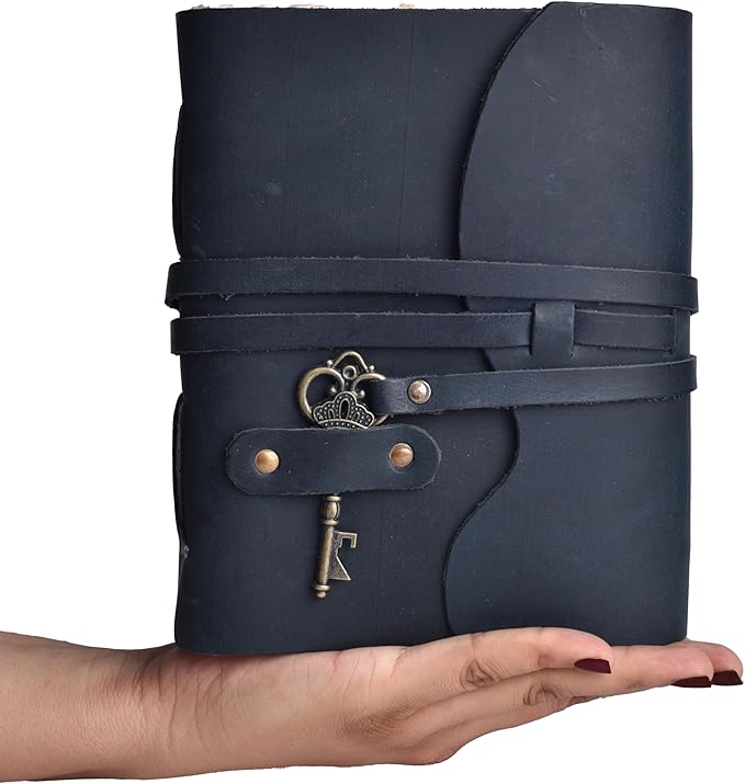 LEATHER VILLAGE Vintage Leather Journal – 200 Handmade Vintage Deckle Edge Paper – Leather bound Journal For Women Men – Vintage Key Closure - Book of Shadows - Blue - 8X6 inches (A5)