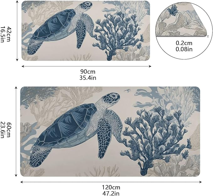 Mouse Pad Desk Mat Leather Desk Pad Large Gaming Desk Cover Protector Mat for Keyboard Computer Laptop Office Waterproof 47.2 x 23.6 Inch Beige and Blue Ocean Turtles Corals