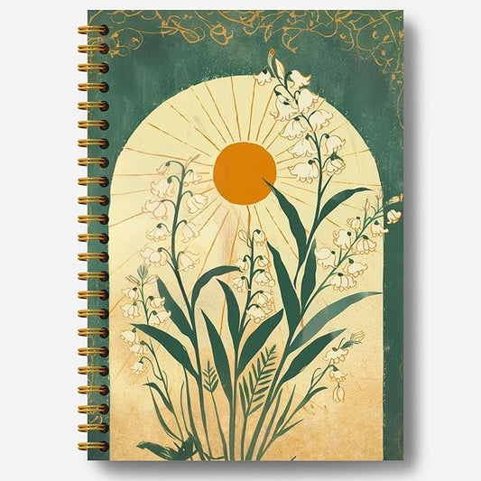 Boho Floral Emerald Green Notebook Journal, Boho Lily of the Valley Botanical Sun Notebooks Journal, Aesthetic Notebooks, Journal Notebooks for Note Taking, Spiral Notebook 5.5x8.3 Inch