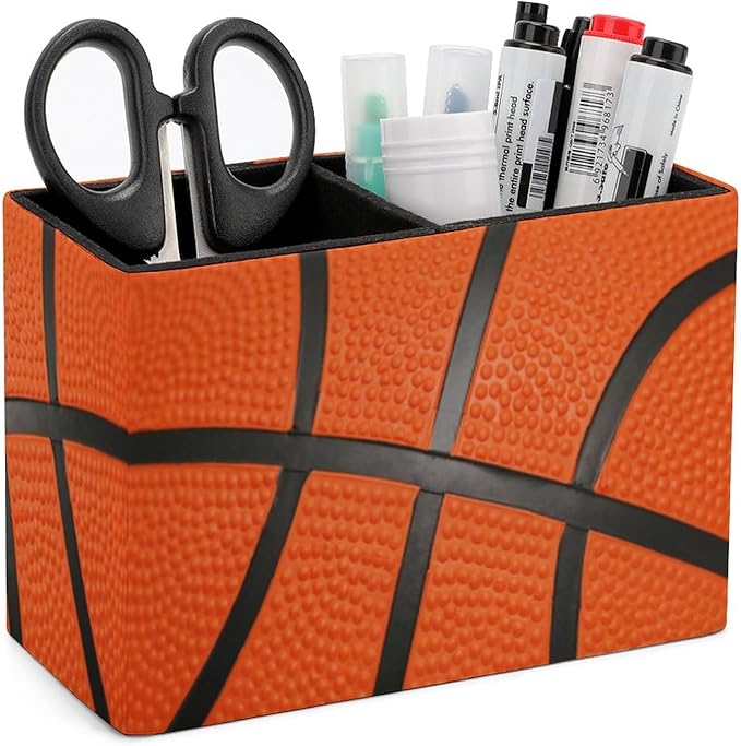 Pen Holder, Pencil Holder for Desk Organizer, Sport Ball Basketball PU Leather Pencil Cups Desktop Stationery Storage Makeup Brush Holder Pen Organizer for Office Home