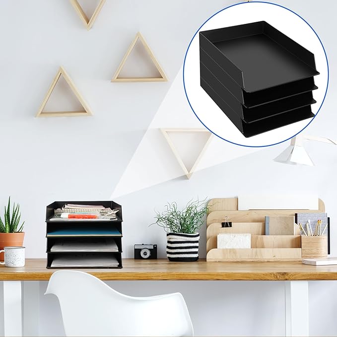 Wenqik 4 Pcs Stackable Paper Trays Rectangular Plastic Desk Holder Desktop Document File Organizer Storage Letter for Office Classroom (Black)