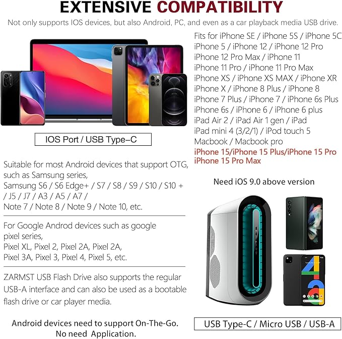 Flash Drive for iPhone 256GB, 4 in 1 USB Type C Memory Stick, Photo Stick External Storage Thumb Drive for iPhone iPad Android Computer, Candy Red