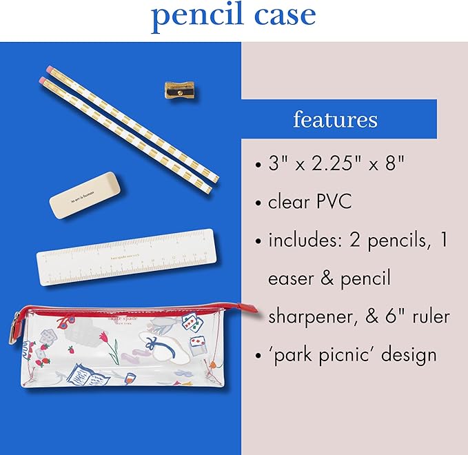 kate spade new york Clear Pen and Pencil Case for Women, Cute Work Stationery, PVC Zip Pouch Includes 2 Pencils, Sharpener, Eraser, and Ruler (Park Picnic)