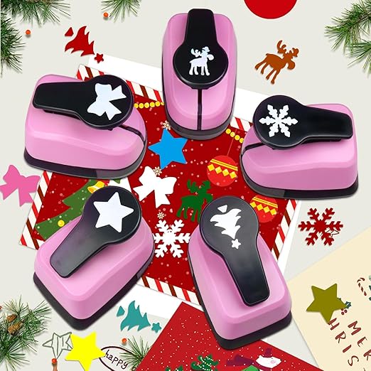 Christmas Hole Punch Set, 5 Pcs Different Shape Hole Punches for Paper Craft, 1 Inch Christmas Snowflakes/Tree/Bow Tie/Moose/Star Puncher for Scrapbook, Gifts, Festival Cards, Decorations, DIY Arts