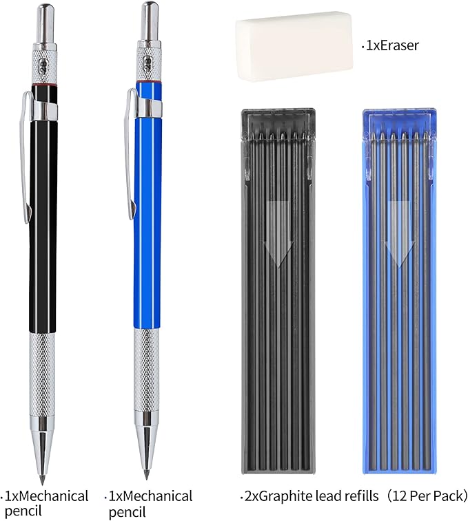 2mm Mechanical Pencil Set, 2 Pieces Artist Carpenter Drafting Pencils 2.0 mm with 2 Tube Lead Refill (HB, 2B), Art Lead Holder Metal Marker for Draft Drawing, Writing, Art Sketching