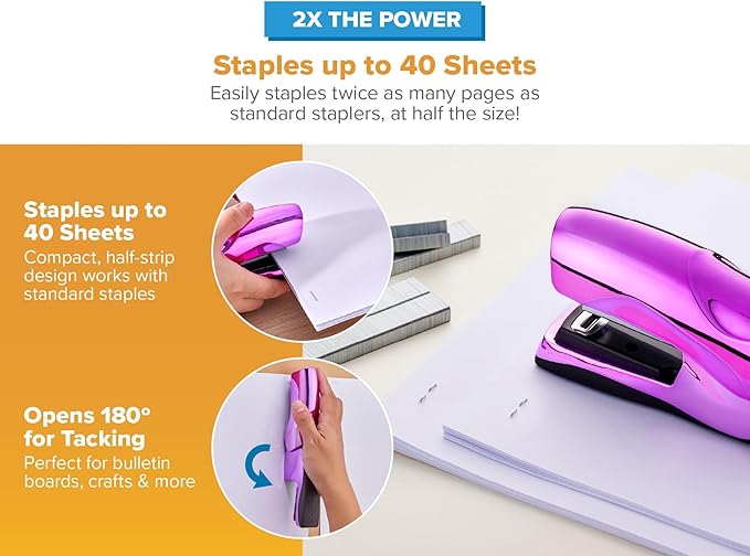 Bostitch Office Heavy Duty 40 Sheet Stapler with 1250 Staples & Claw Remover, Small Stapler Size, Fits into The Palm of Your Hand, Value Pack, Metallic Purple (B175-PURPLEM-VP)