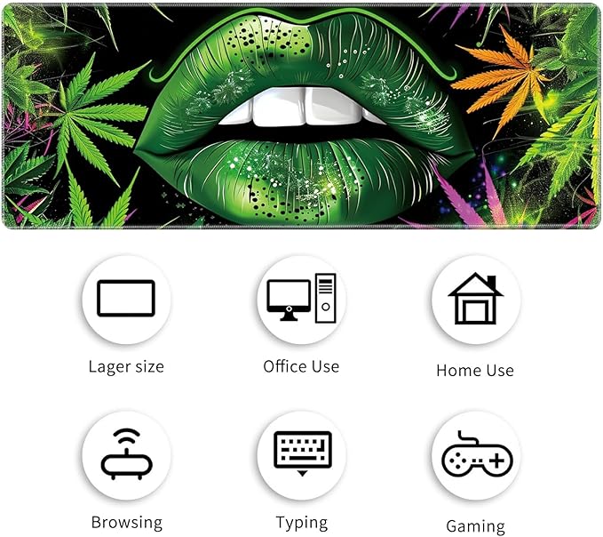 Desk Mat Large Gaming Mouse Pad (31.5x11.8 inch) with Stitched Edges, XL Mouse Pad +Coaster, Extended Mouse Mat Keybroad Mousepad Non-Slip Rubber for Gamer Men Women, Green Lip Weed