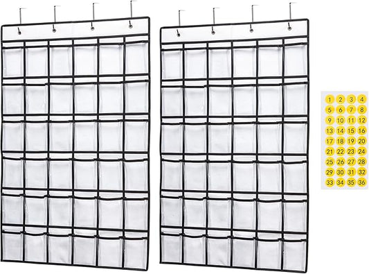 2 Pack 36 Pockets Classroom Pocket Chart for Cell Phone Calculator Holder,Clear Pocket Chart Organizer for Classroom Cellphone Storage with 36 Number Sticker Size:38.5x25.7 Inch (White-2pack)