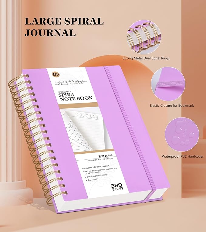 Spiral Notebook Journal,360 Pages College Ruled Notebooks,Lined Thick Journals for Women Men, A5 Thick Spiral Journal for Writing,100GSM Paper, Spiral Notebooks for Work School 5.5"x8.5" Purple