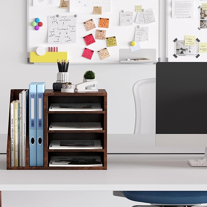 Wood Desk Organizer File Holder, Wooden Mail Organizer Countertop with Adjustable Compartments, Desktop File Organizer Paper Sorter for Home, Office and School, Envelope Organizer, Brown