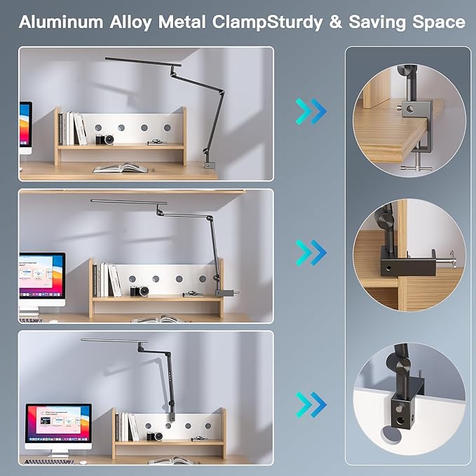 VERSKI LED Desk Lamp, Desk Light for Home Office, Dual Light Source 18W Brightest, Eye-Caring Optical Lens, Office Lamp, 5 Color Modes & Brightness, Aluminum Alloy Drafting Light, Clamp Lamp