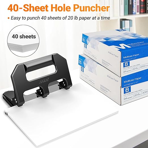 AFMAT HPX1 Heavy Duty 3 Hole Punch, 3 Hole Puncher for Binder, 40-Sheet Three Hole Punch w/ 10000+ Uses, Metal Hole Puncher 3 Ring, 50% Reduced Effort, Bulit-in S.S. Paper Guide (Black)