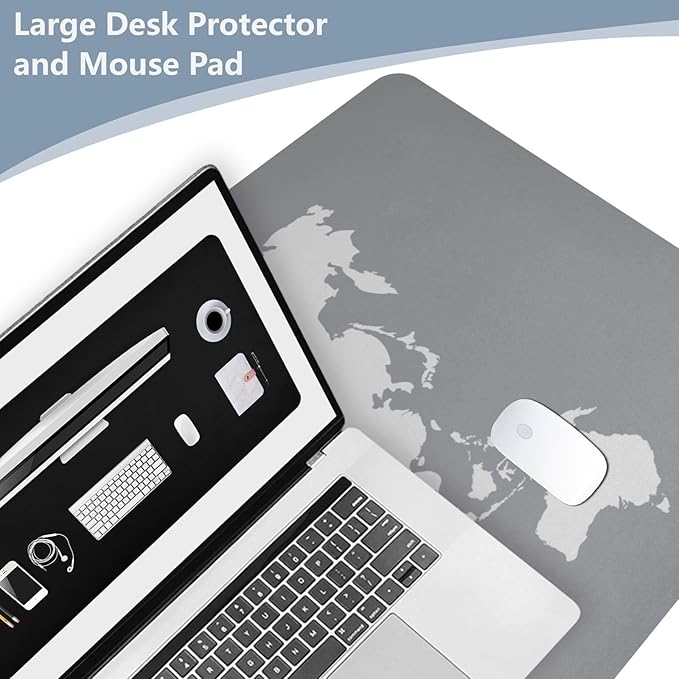 Mouse Pad Desk Mat Leather Desk Pad Large Gaming Desk Cover Protector Mat for Keyboard Computer Laptop Office Waterproof 35.4 x 16.5 Inch World Map Grey