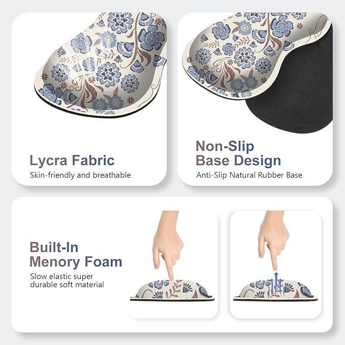 Desk Mat Gaming Mouse Pad, Cute Desk Matt Keyboard Wrist Rest for Desktop, Anti-Slip Big Mousepad Stitched Edges, XXL Large Mouse Pad with Wrist Support for Home Office I Vintage Blue Flower