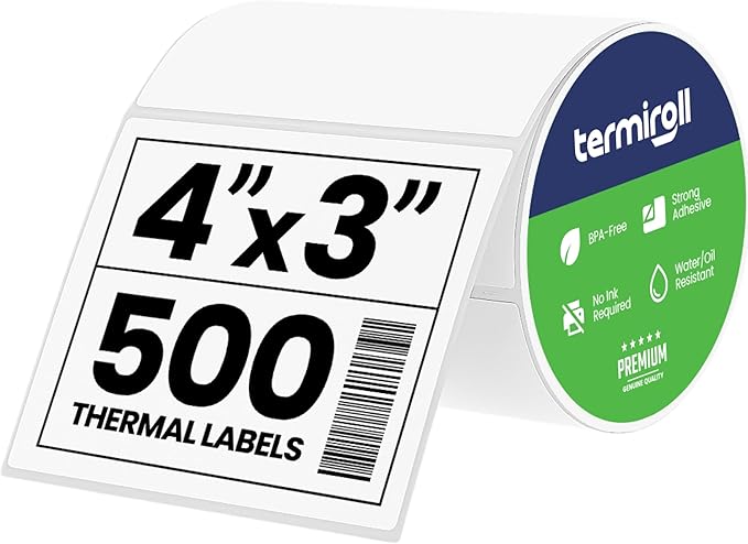4x3 Thermal Label for Barcodes & Address - Perforated - 500 Labels/Roll - Compatible with Most Direct Thermal Printers Rollo, Zebra - Strong Adhesive, BPA-Free, Commercial Grade (4"x3", 500, Count)